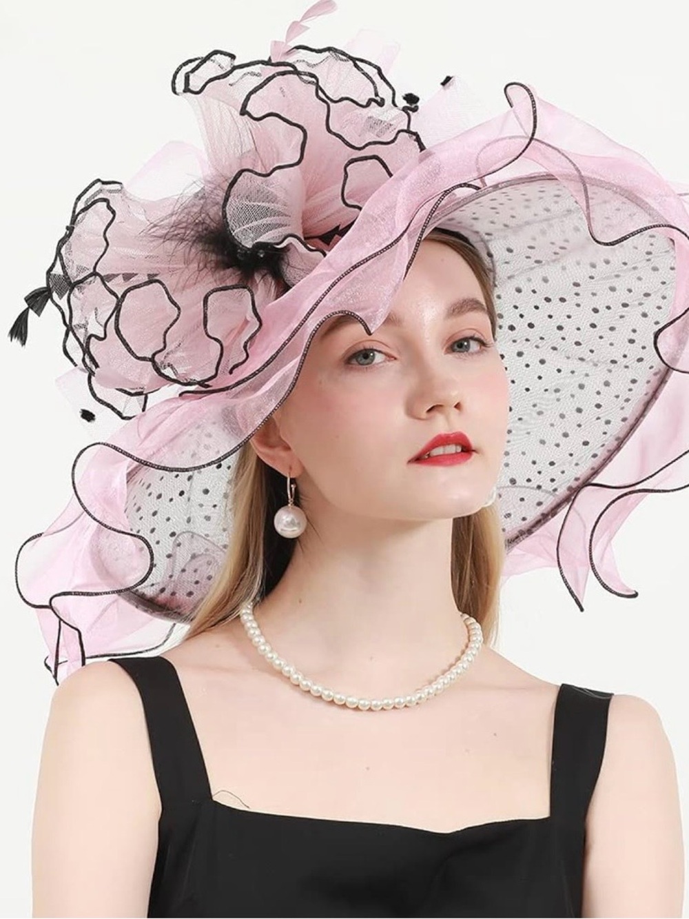 New! Elegant Wide-Brim Fascinator Hat with Floral Accent - Pink & Black